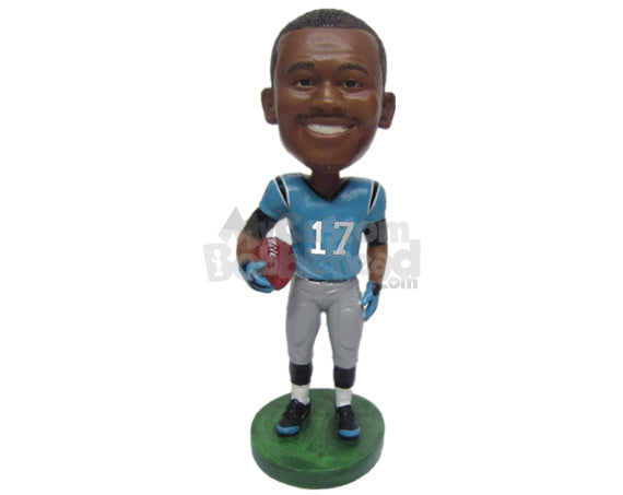 Strong Football Player Posing with Ball in Hand Personalized Bobblehead Strong Football Player Posing with Ball in Hand Personalized Bobblehead